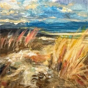 Seaside Coastal Grasses Painting - Blue & Tan Home Art